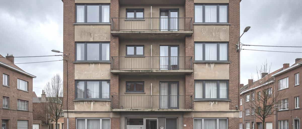 La façade d'un immeuble à appartements de quatre niveaux, balcons en enfilade, brique et béton enduit.